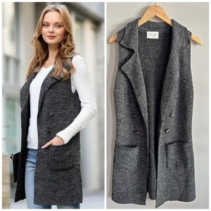 Active Usa Long Knit Vest Gray Sleeveless Duster Cardigan Pockets M Cozy